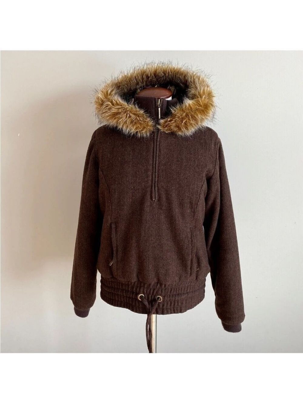B by Burton Womens Brown Wool Blend 1/2 Zip Pullover Heavy Hooded Sz M